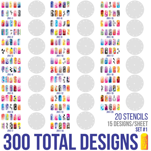 Airbrush Nail Stencils - Design Series Set # 1 Includes 20 Individual Nail Templates with 13 Designs each for a total 260 Designs of Series #1
