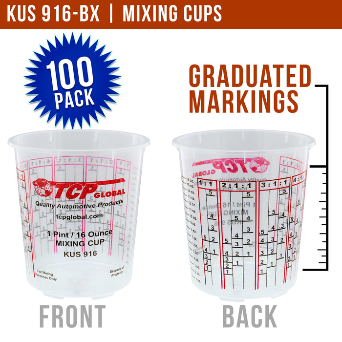 Box of 100 Mix Cups, Pint size, 16 ounce Volume Paint & Epoxy Mixing Cups - Mix Cups Are Calibrated with Multiple Mixing Ratios, Plus 12 Bonus Lids