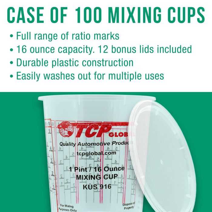 Box of 100 Mix Cups, Pint size, 16 ounce Volume Paint & Epoxy Mixing Cups - Mix Cups Are Calibrated with Multiple Mixing Ratios, Plus 12 Bonus Lids