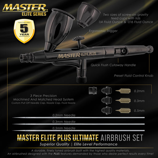Master Elite Plus Ultimate Airbrush Set, Model 120 - Elite Level Spray Performance Dual-Action Gravity Feed Airbrush Kit, 0.2, 0.3 and 0.5 mm Tips, Case