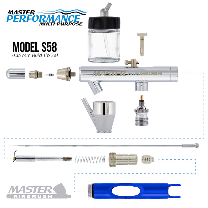 Master Performance S58 Multi-Purpose Precision Dual-Action Siphon Feed Airbrush, 0.35 mm Tip, 3/4 oz Bottle, 1/6 oz Color Cup, Cutaway Handle