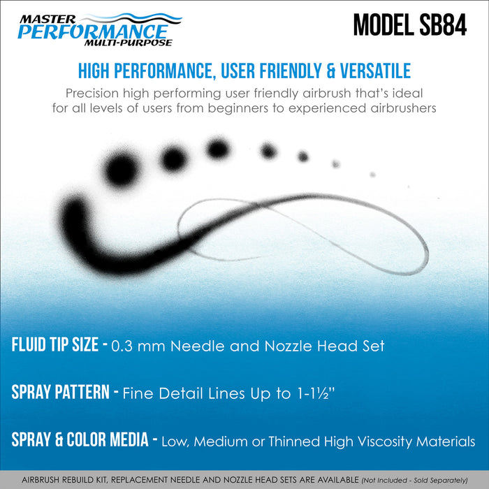 Master Performance SB84 Multi-Purpose Precision Dual-Action Side Bowl Feed Airbrush, 0.3 mm Tip, Gravity & Siphon Cups