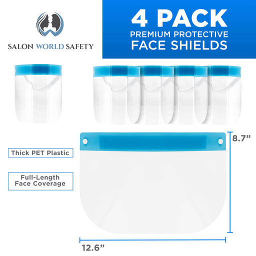 Face Shields (Pack of 4) - Ultra Clear Protective Full Face Shields to Protect Eyes, Nose and Mouth - Anti-Fog PET Plastic, Elastic Headband