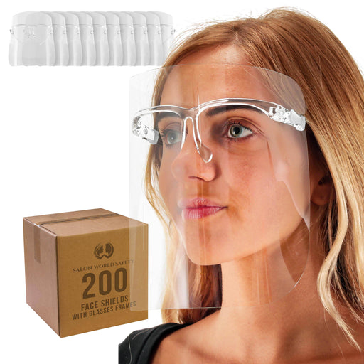 Face Shields with All Clear Glasses Frames (20 Packs of 10) - Ultra Clear Protective Full Face Shields, Protect Eyes Nose Mouth - Anti-Fog PET Plastic