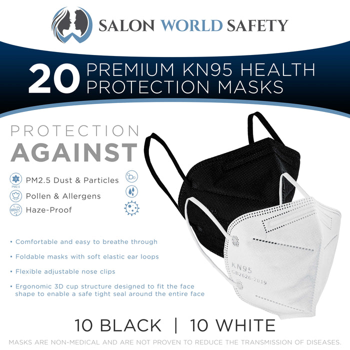 KN95 Protective Masks, Pack of 10 White & 10 Black - Filter Efficiency ≥95%, 5-Layers, Sanitary 5-Ply Non-Woven Fabric, Safe, Easy Breathing