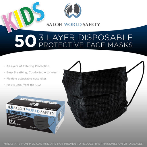Kids Masks (Sealed Dispenser Box of 50) - Black - 3 Layer Disposable Protective Children's Face Masks with Nose Clip Ear Loops, 3-Ply Non-Woven Fabric