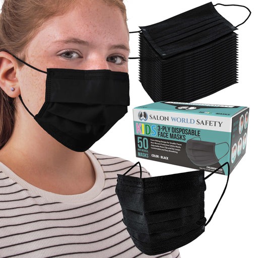Kids Masks (Sealed Dispenser Box of 50) - Black - 3 Layer Disposable Protective Children's Face Masks with Nose Clip Ear Loops, 3-Ply Non-Woven Fabric