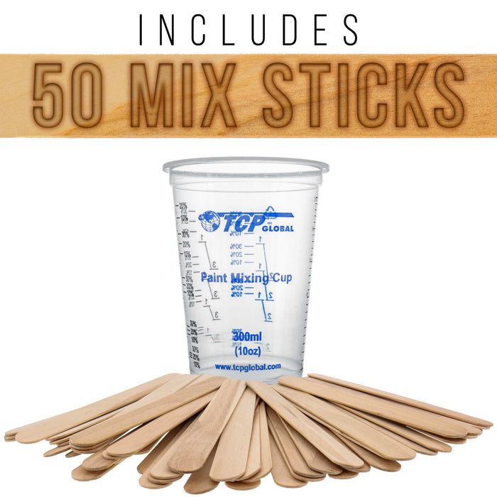 TCP Global 10 Ounce (300ml) Disposable Flexible Clear Graduated Plastic Mixing Cups - Box of 100 Cups & 50 Mixing Sticks - Use for Paint, Resin, Epoxy