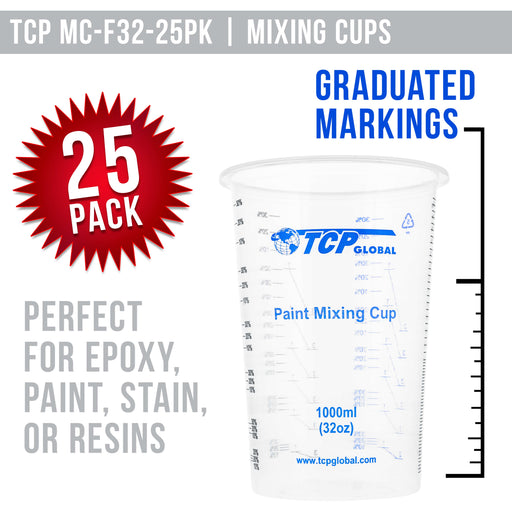 TCP Global 32 Ounce (1000ml) Disposable Flexible Clear Graduated Plastic Mixing Cups - Box of 25 Cups - Use for Paint, Resin, Epoxy, Art, Kitchen