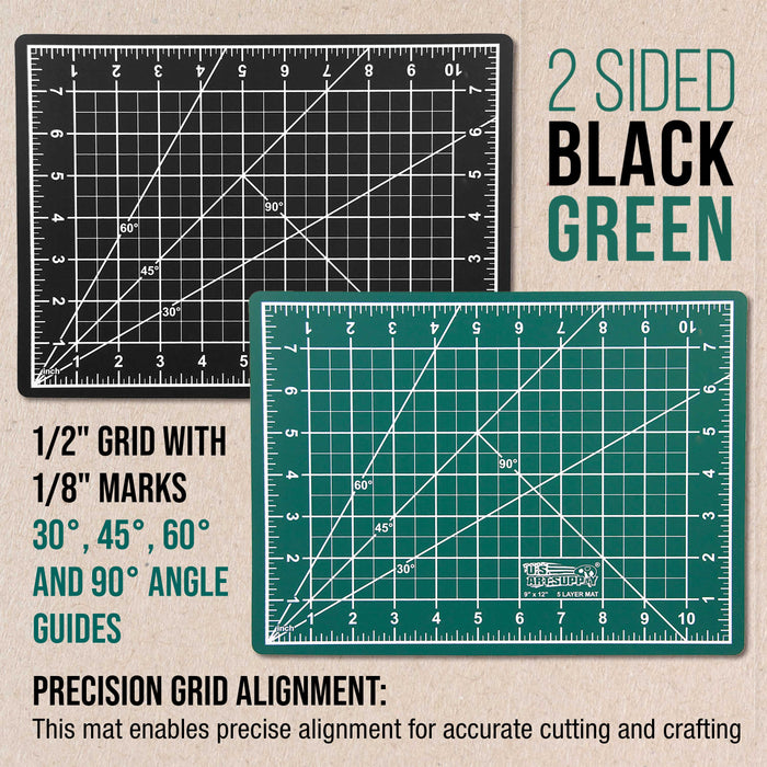 9" x 12" Green/Black Professional Self Healing 5-Ply Double Sided Durable Non-Slip Cutting Mat Great for Scrapbooking Quilting Sewing Arts Crafts