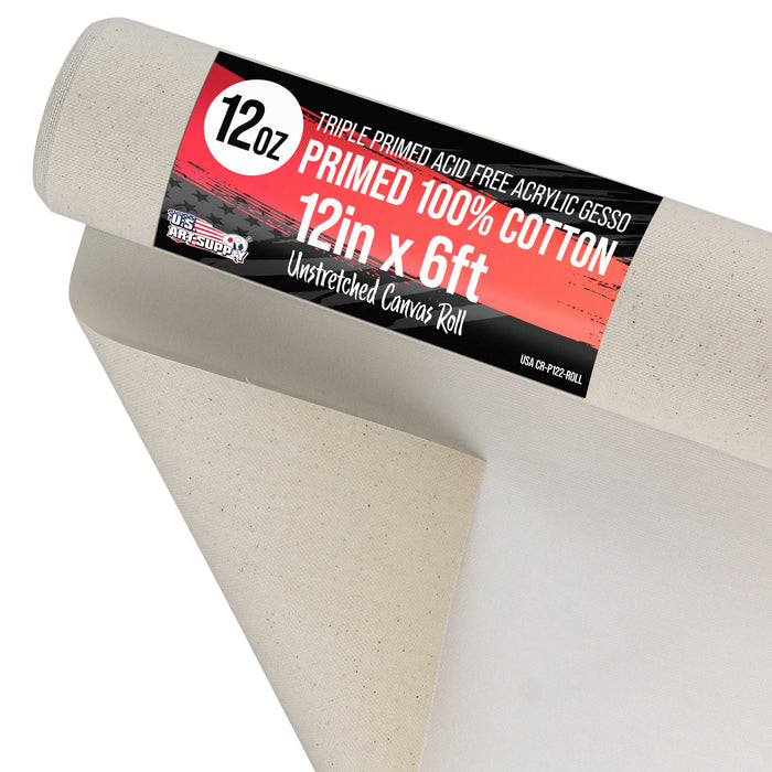 U.S. Art Supply 12" Wide x 2 Yards (6 Feet) Long Unstretched Canvas Roll - 100% Cotton, 12-Ounce Triple Primed Gesso, Acid-Free - Oil Acrylic Painting