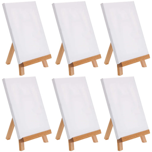 8" x 8" Stretched Canvas with 10.5" Tabletop Display Stand A-Frame Artist Easel Kit (Pack of 6) - Beechwood Tripod, Kids Students Painting Party