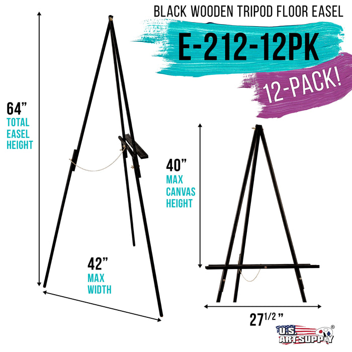 64" High Black Torrey Wooden A-Frame Tripod Studio Artist Floor Easel, 12 Pack - Adjustable Tray Height, Holds 40" Canvas, Wood Display Holder Stand