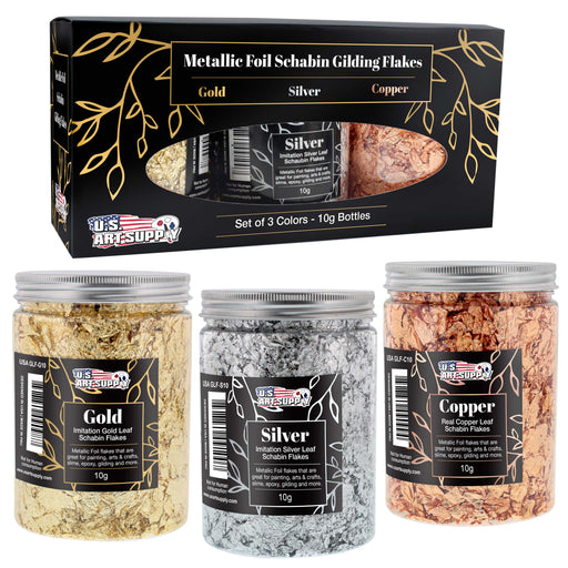 Metallic Foil Schabin Gilding Metal Leaf Flakes Kit - 3 Colors Imitation Gold and Silver, Real Copper in 10 Gram Bottles - Epoxy Resin