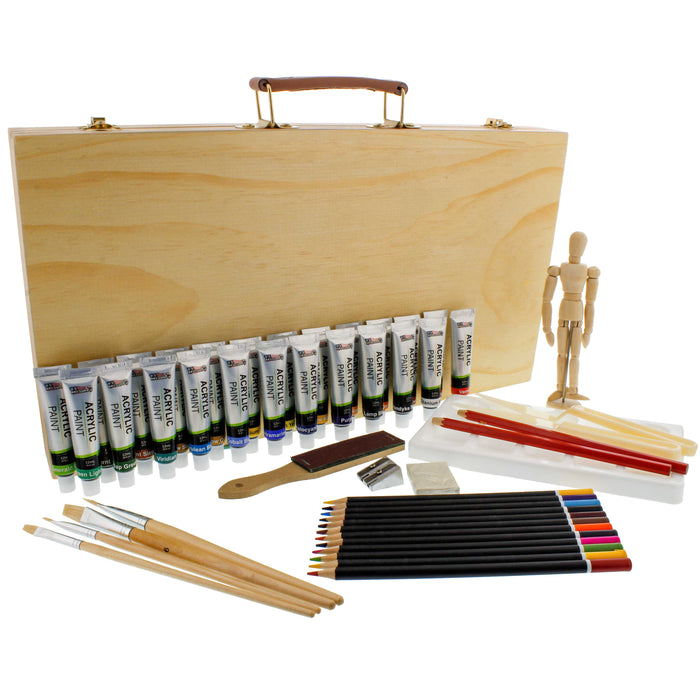 U.S. Art Supply 50-Piece Complete Artist Painting and Drawing Set in Wood Storage Case, 24 Acrylic Paint Colors, 4 Brushes, 12 Colored Pencils Palette