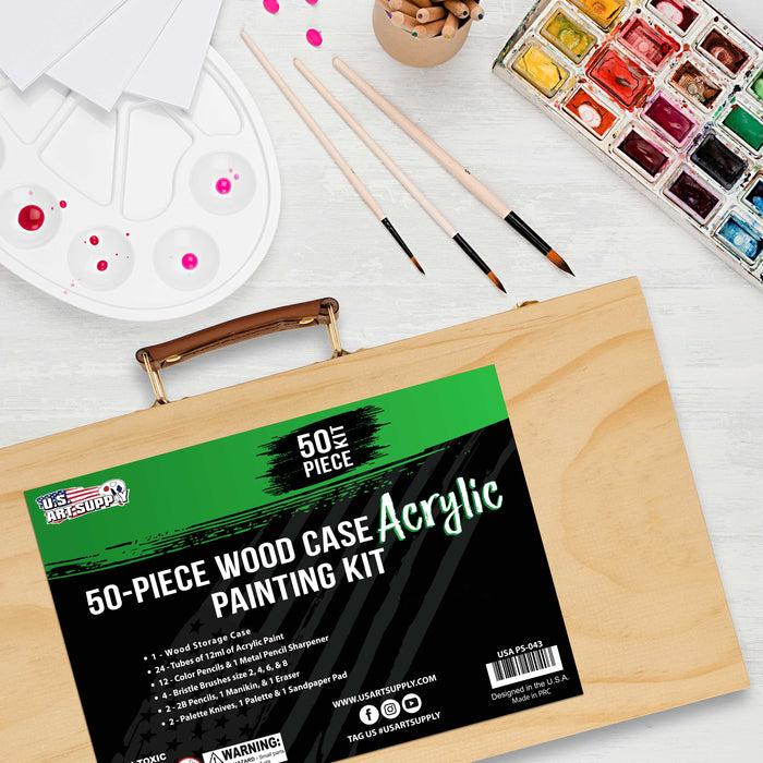 U.S. Art Supply 50-Piece Complete Artist Painting and Drawing Set in Wood Storage Case, 24 Acrylic Paint Colors, 4 Brushes, 12 Colored Pencils Palette
