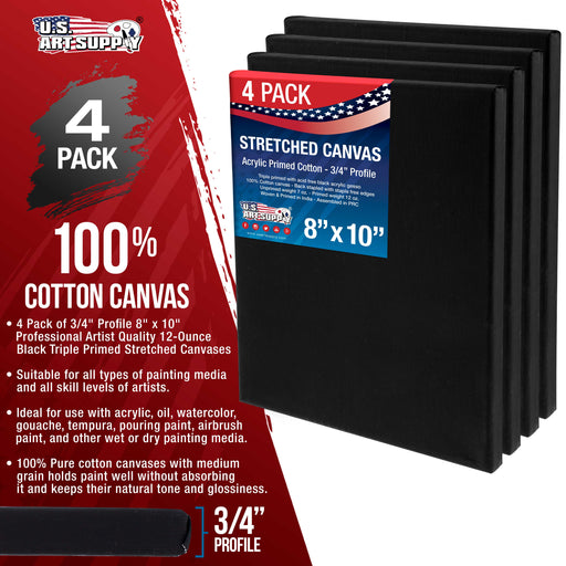 8 x 10 inch Black Stretched Canvas 12-Ounce Primed, 4-Pack - Professional Artist Quality 3/4" Profile, 100% Cotton, Heavy-Weight, Gesso