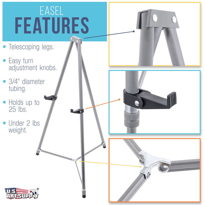 66" High Gallery Silver Aluminum Display Easel and Presentation Stand (Pack of 4) - Large Adjustable Height Portable Floor and Tabletop Tripod