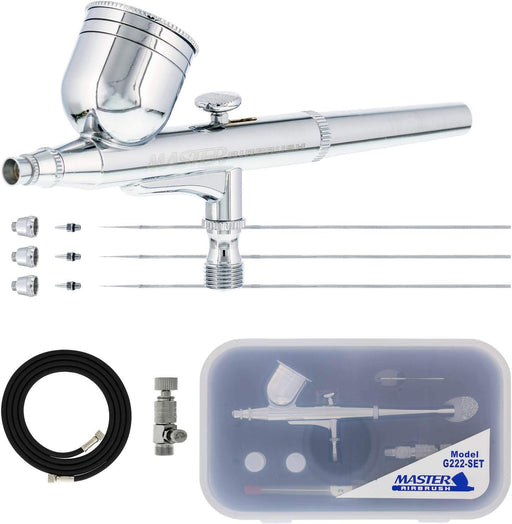 Master Airbrush G222 Multi-Purpose Dual-Action Gravity Feed Airbrush Gun Set for Model Painting, Graphics, Cake & Art - Air Brush Gun Kit with 3 Nozzle Sets (0.2, 0.3, 0.5mm), 1/3 oz Cup & Air Hose