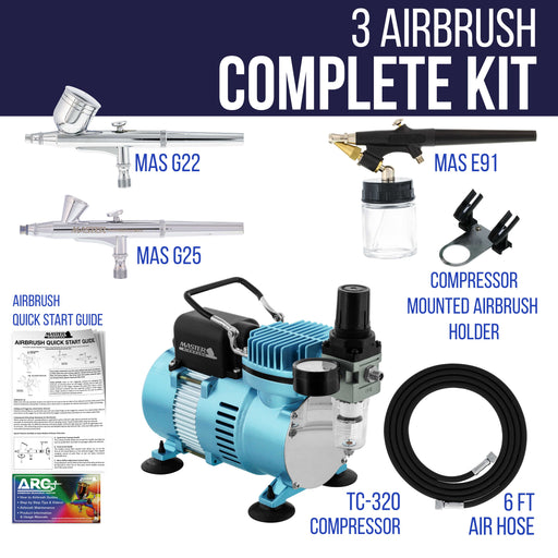 Cool Runner II Dual Fan Air Compressor Airbrushing System Kit with 3 Airbrush Sets 0.2, 0.3mm Gravity & 0.8mm Siphon Feed - Hose, Holder, How-To Guide