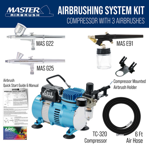 Master Airbrush Cool Runner II Dual Fan Airbrushing System Kit - Air Brush Kit with Air Compressor & 3 Airbrushes, 0.2, 0.3 mm Gravity & 0.8 mm Siphon Feed, Holder & Learning Guide Manual
