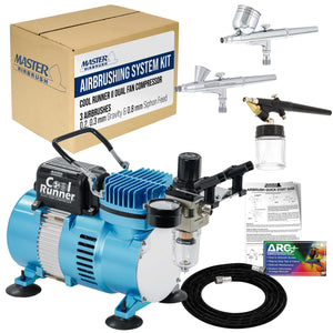 Cool Runner II Dual Fan Airbrushing System Kit - with Air Compressor & 3 Airbrushes, 0.2, 0.3 mm Gravity & 0.8 mm Siphon Feed, Holder