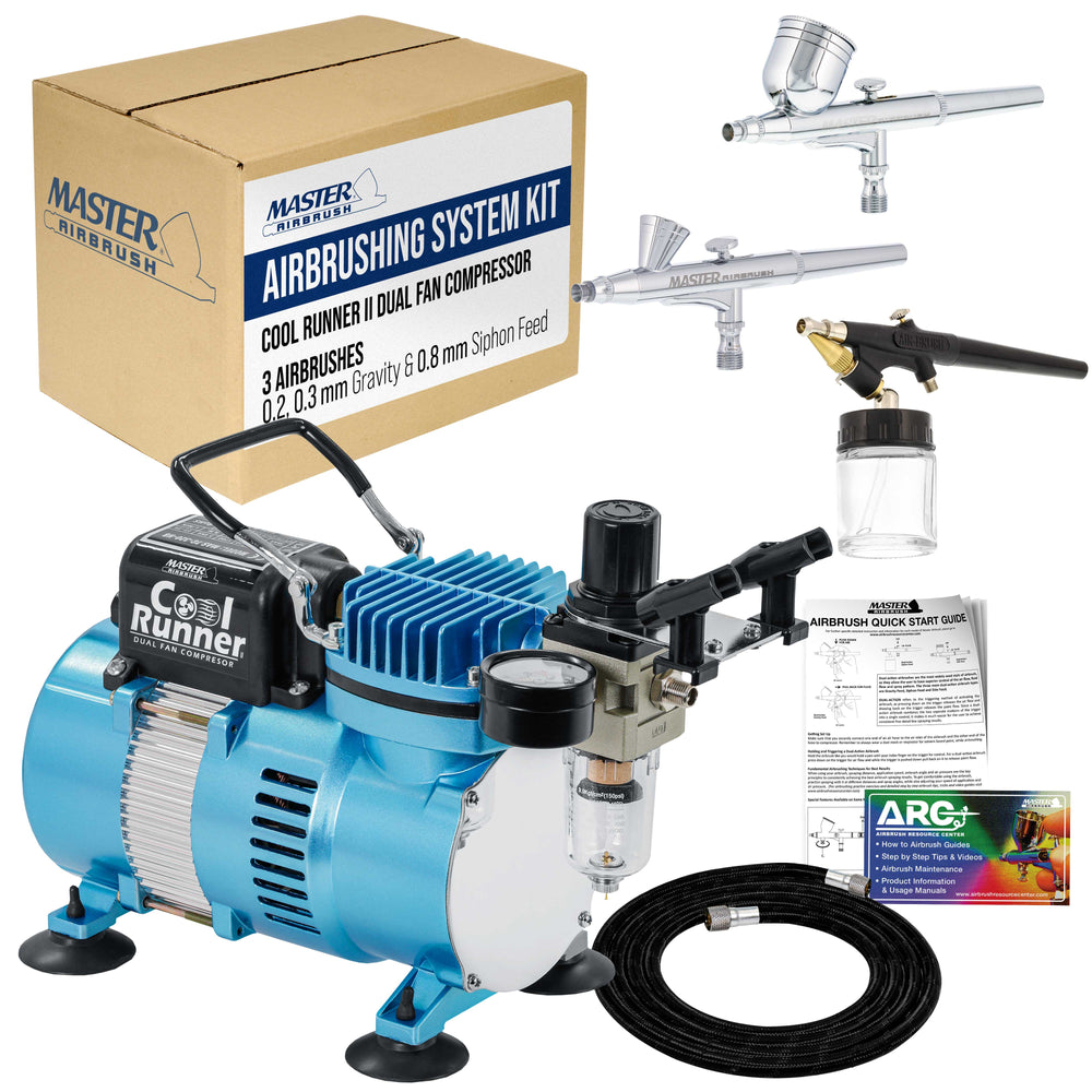 Master Airbrush Cool Runner II Dual Fan Airbrushing System Kit - Air Brush Kit with Air Compressor & 3 Airbrushes, 0.2, 0.3 mm Gravity & 0.8 mm Siphon Feed, Holder & Learning Guide Manual