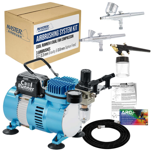 Master Airbrush Cool Runner II Dual Fan Airbrushing System Kit - Air Brush Kit with Air Compressor & 3 Airbrushes, 0.2, 0.3 mm Gravity & 0.8 mm Siphon Feed, Holder & Learning Guide Manual