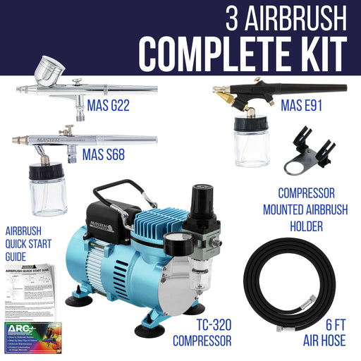 Cool Runner II Dual Fan Air Compressor Airbrushing System with 3 Airbrush Sets, 0.3 mm Gravity & 0.35, 0.8mm Siphon Feed - Hose, How To Airbrush Guide