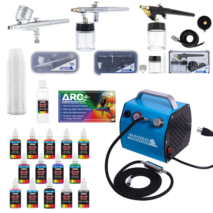 Professional 3 Airbrush Kit with High Performance Compact Airbrush Compressor, Air Hose, 12 Color Airbrush Paint Set with Cleaner & Paint Reducer