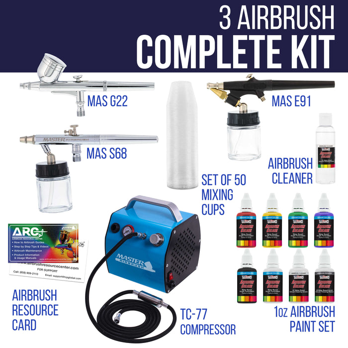 Professional 3 Airbrush Kit with High Performance Compact Airbrush Compressor, Air Hose, 6 Color Airbrush Paint Set with Cleaner & Paint Reducer