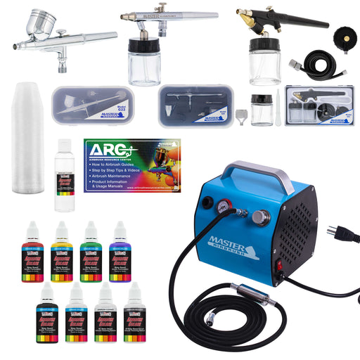 Professional 3 Airbrush Kit with High Performance Compact Airbrush Compressor, Air Hose, 6 Color Airbrush Paint Set with Cleaner & Paint Reducer