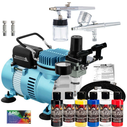 Multi-Purpose Airbrushing Kit with Cool Runner II Dual Fan Air Compressor, Air Hose & 6 Wicked Createx Colors