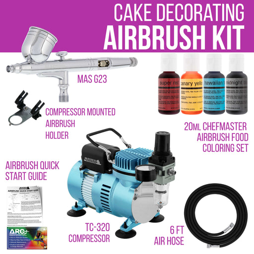Cake Decorating Airbrushing System Kit with a 4 Color Chefmaster Food Coloring Set - G22 Gravity Feed Airbrush, Air Compressor, Guide Booklet