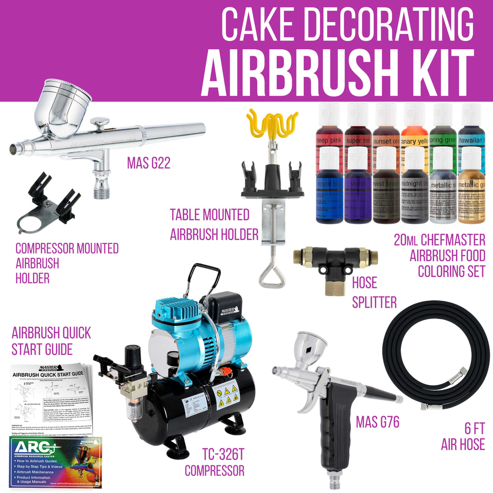Master Airbrush Cake Decorating Kit with G22 & G76 Airbrushes, 12-Color Chefmaster Food Coloring, Compressor with Air Tank, Holder, Guide Manual - Cake Airbrush Decorating Kit for Cakes, Cookies