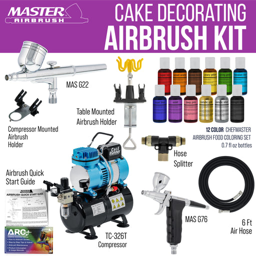 Master Airbrush Cake Decorating Kit with G22 & G76 Airbrushes, 12-Color Chefmaster Food Coloring, Compressor with Air Tank, Holder, Guide Manual - Cake Airbrush Decorating Kit for Cakes, Cookies