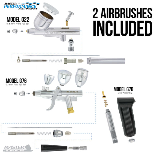 Master Airbrush Cake Decorating Kit with G22 & G76 Airbrushes, 12-Color Chefmaster Food Coloring, Compressor with Air Tank, Holder, Guide Manual - Cake Airbrush Decorating Kit for Cakes, Cookies