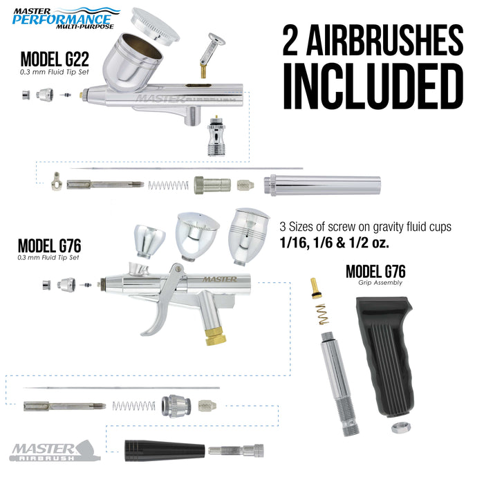 Master Airbrush Cake Decorating Kit with G22 & G76 Airbrushes, 12-Color Chefmaster Food Coloring, Compressor with Air Tank, Holder, Guide Manual - Cake Airbrush Decorating Kit for Cakes, Cookies