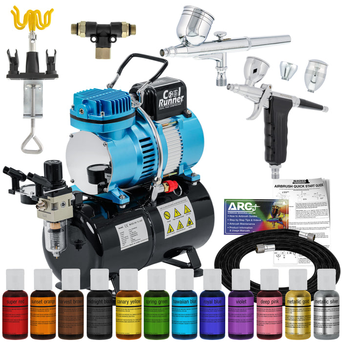 Master Airbrush Cake Decorating Kit with G22 & G76 Airbrushes, 12-Color Chefmaster Food Coloring, Compressor with Air Tank, Holder, Guide Manual - Cake Airbrush Decorating Kit for Cakes, Cookies