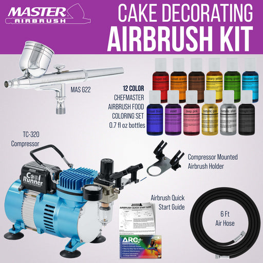 Master Airbrush Cake Airbrush Decorating Kit with Compressor Dual Fan - Gravity Feed Air Brush for Cake Decoration & 12-Color Edible Air Brush Paint for Cakes, Cookies & Cupcakes, Hose, How to Manual