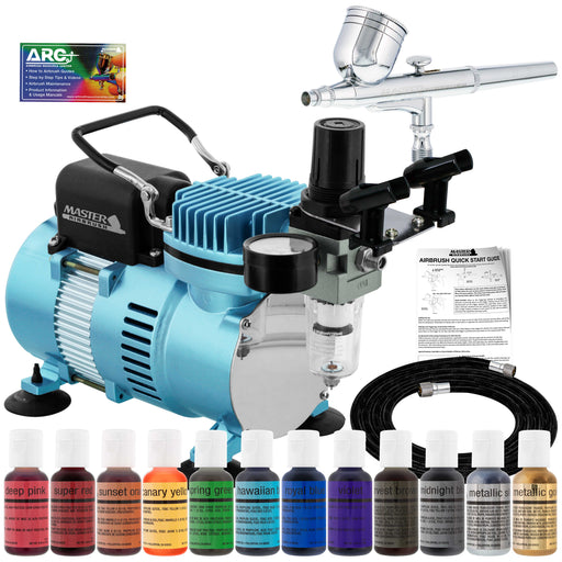 Cake Decorating Airbrushing System Kit with a 12 Color Chefmaster Food Coloring Set - G22 Gravity Feed Airbrush, Air Compressor, Guide Booklet