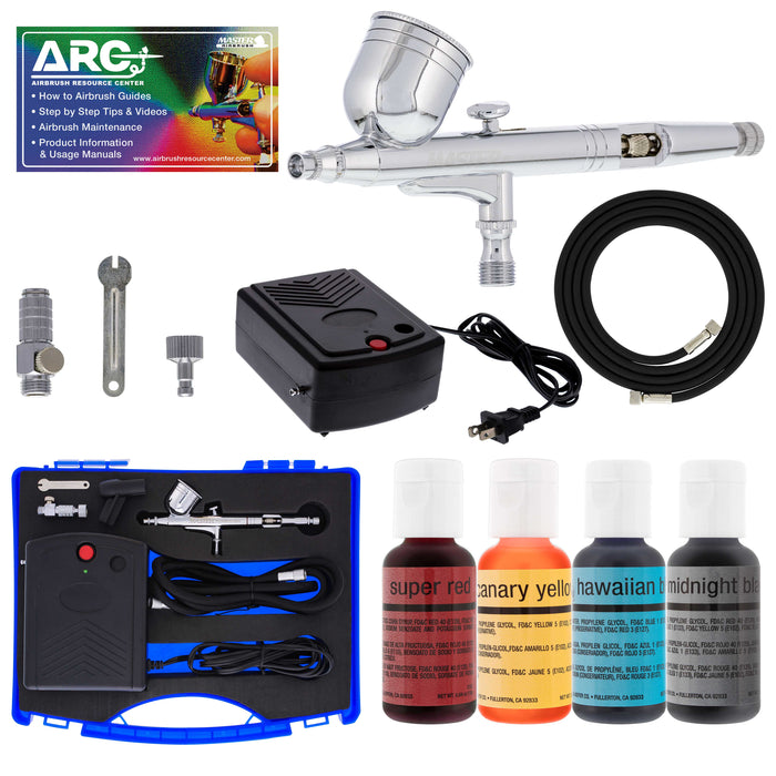 Cake Decorating Airbrushing System Kit with a Set of 4 Food Colors, Gravity Feed Dual-Action Airbrush, Air Compressor, Hose, Case and How-To Guide