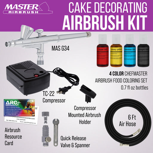 Master Airbrush Cake Airbrush Decorating Kit with Dual-Action Air Brush (G34), Multi-Purpose Mini Air Compressor, 4 Chefmaster Food Colors, Hose, & Storage Case