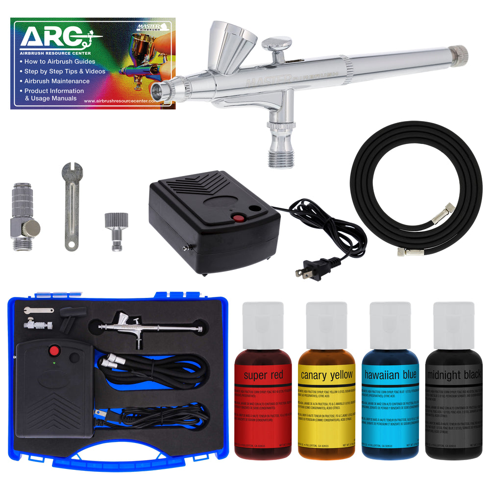 Master Airbrush Cake Airbrush Decorating Kit with Dual-Action Air Brush (G34), Multi-Purpose Mini Air Compressor, 4 Chefmaster Food Colors, Hose, & Storage Case