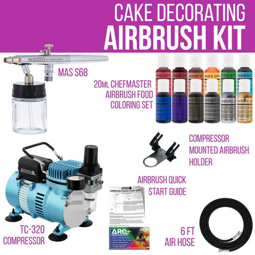 Cake Decorating Airbrushing System Kit with a Siphon Feed Airbrush, 12 Chefmaster Food Colors, Dual Fan Air Compressor - Hose, Holder, How To Guide