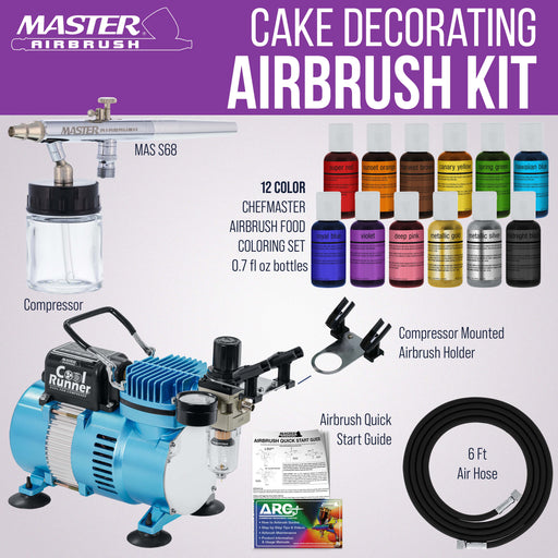 Master Airbrush Cake Airbrush Decorating Kit with Siphon Air Brush, Cool Runner II Dual Fan Air Compressor, 12 Edible Chefmaster Food Colors, Hose, Holder & How to Guide - Cake & Cookie Airbrush Kit
