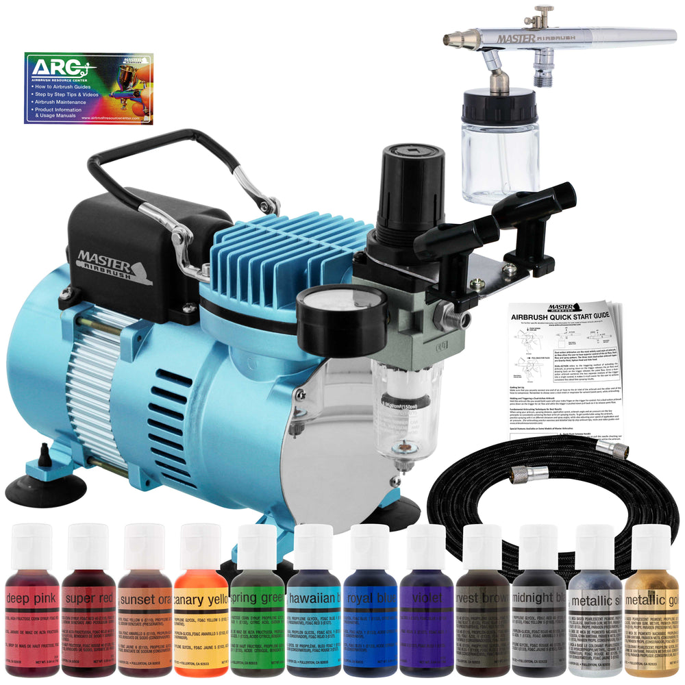 Cake Decorating Airbrushing System Kit with a Siphon Feed Airbrush, 12 Chefmaster Food Colors, Dual Fan Air Compressor - Hose, Holder, How To Guide