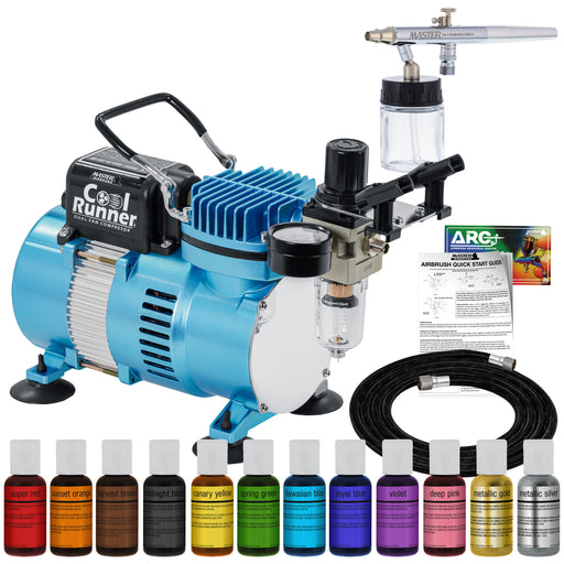 Master Airbrush Cake Airbrush Decorating Kit with Siphon Air Brush, Cool Runner II Dual Fan Air Compressor, 12 Edible Chefmaster Food Colors, Hose, Holder & How to Guide - Cake & Cookie Airbrush Kit