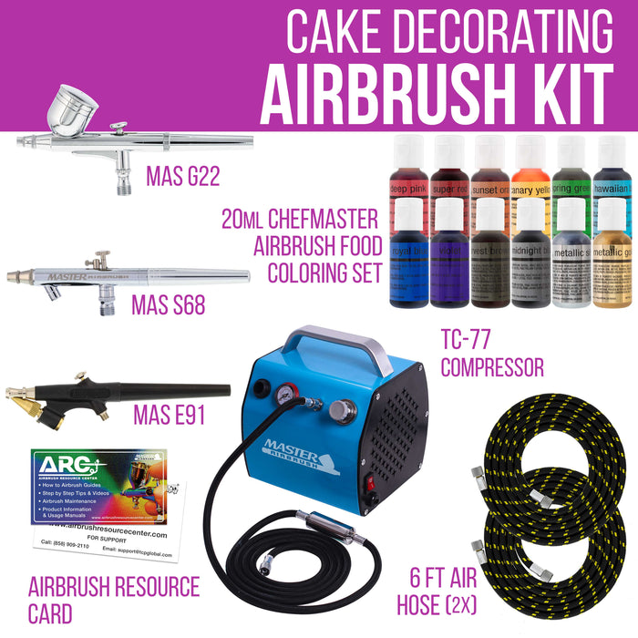 Cake Decorating 3 Airbrush Kit with G22, S68, E91 Airbrushes, Quiet High Performance Compact Airbrush Compressor, 2 Hoses & 12 Color Food Coloring Set