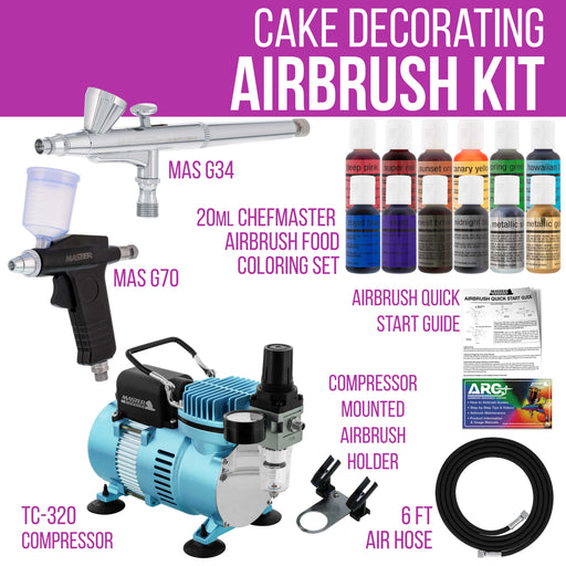 Deluxe Cake Decorating Airbrushing System Kit with 2 Gravity Feed Airbrushes, Set of 12 Food Colors, Dual Fan Air Compressor - How To Guide